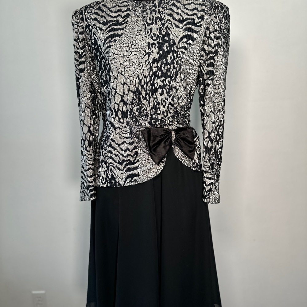 Vintage 80s Metallic Animal Print Silver Black Party Dress Chiffon  Bow S/M